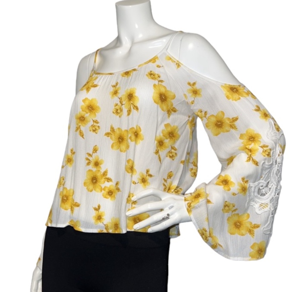Yellow & White Floral Print Cold Shoulder Embroidered Long Sleeve Top, S